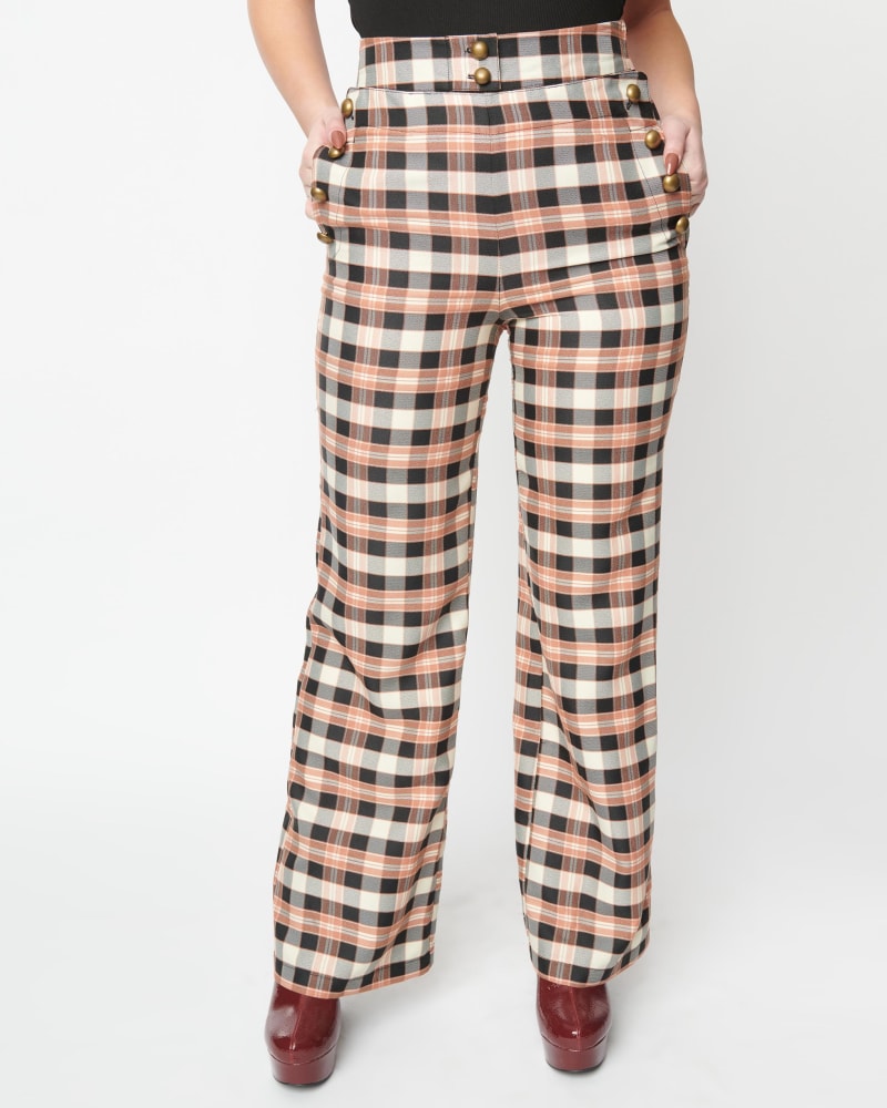 Front of a model wearing a size 4X Unique Vintage Black & Tan Plaid Sailor Pants in Orange by Unique Vintage. | dia_product_style_image_id:302428